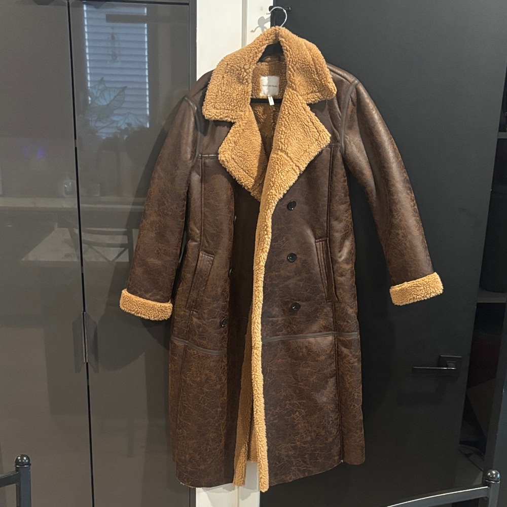 Avec Les Filles Brown and Tan Teddy Coat double breasted